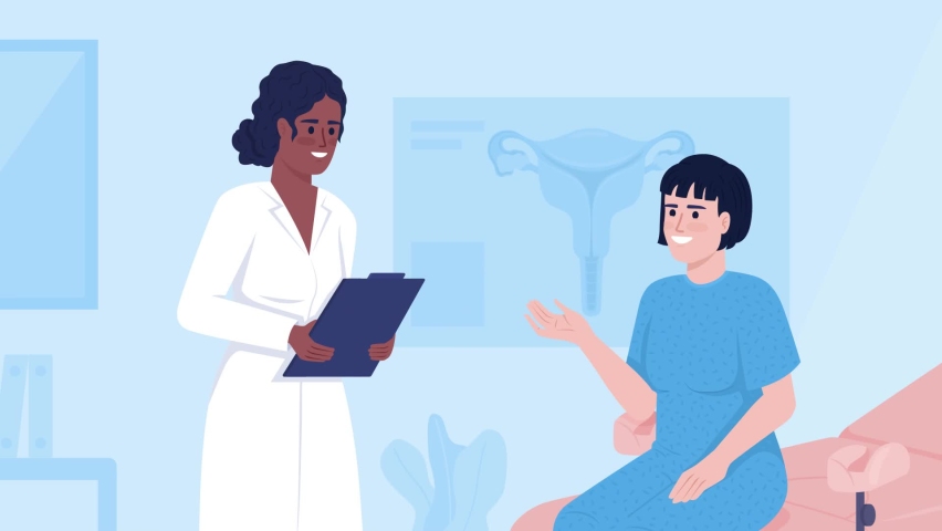Animated gynecology illustration. Medical consultation. Gynecologist visit. Looped flat color 2D cartoon characters animation video in HD with hospital interior on transparent background Royalty-Free Stock Footage #1096214795