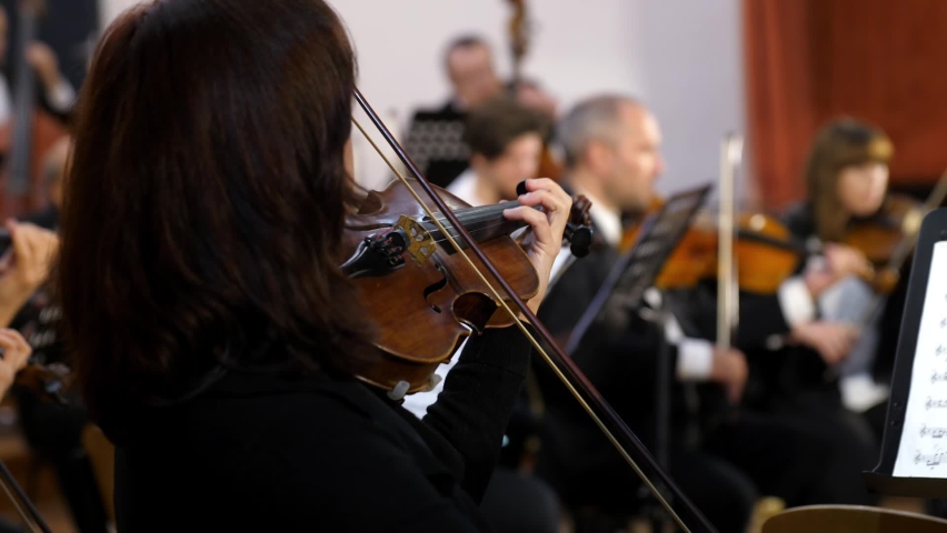 A woman violinist plays the violin against the background of the orchestra. Symphony concert at the Philharmonic. A violin in the hands of a violinist against the background of a music stand with note | Shutterstock HD Video #1096218023