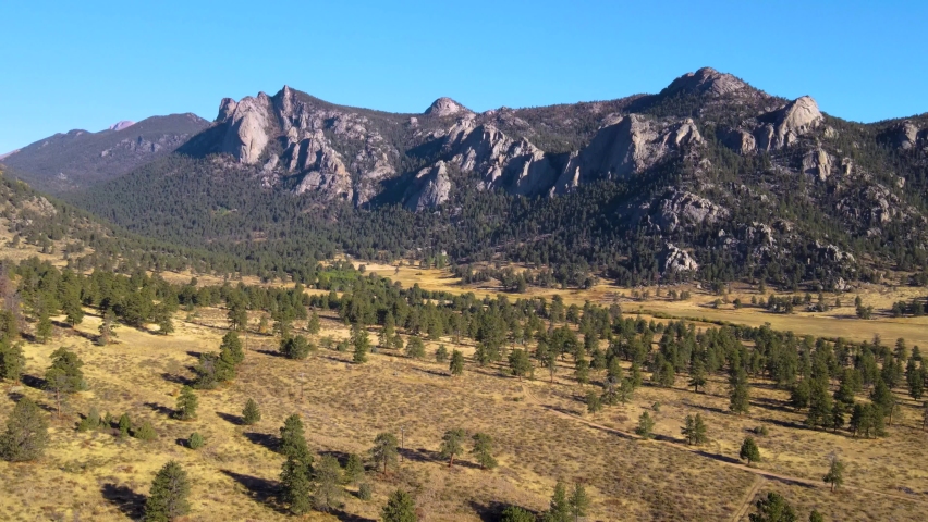 Sweeping view of Rocky Mountain National Park mountain ranges from Estes Park in fall after sunrise