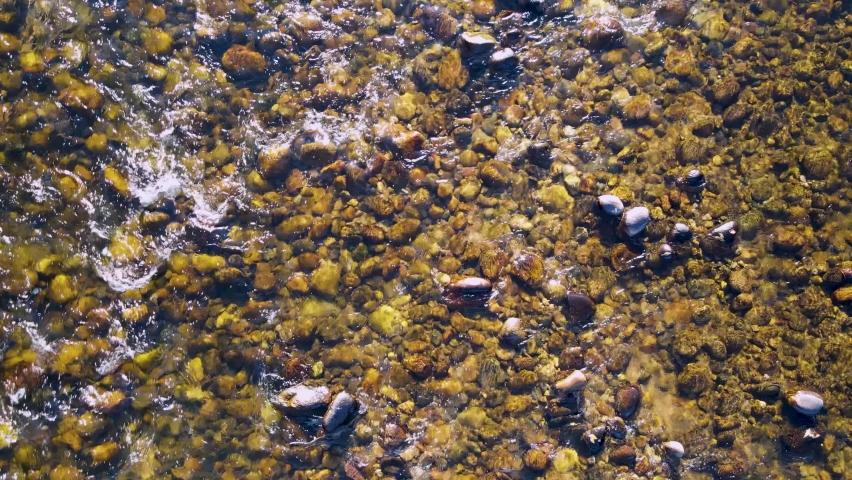 Closeup of river rocks in stream near Lake Estes in Estes Park, Colorado