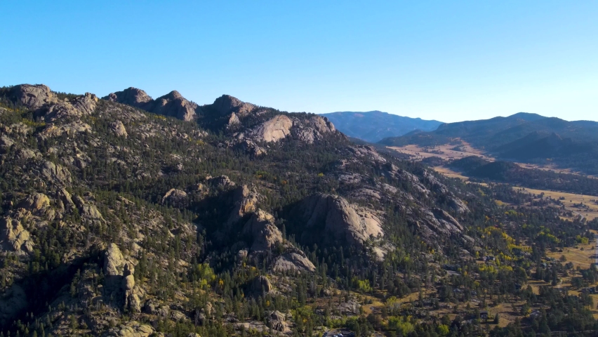 Sweeping view of Rocky Mountain National Park mountain ranges from Estes Park in fall after sunrise