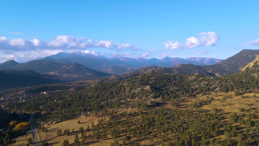 Sweeping view of Rocky Mountain National Park mountain ranges from Estes Park in fall after sunrise