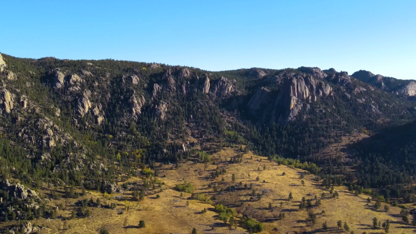 Sweeping view of Rocky Mountain National Park mountain ranges from Estes Park in fall after sunrise