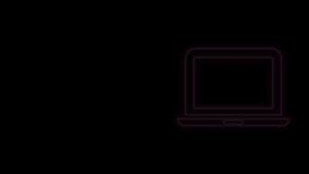 Glowing neon line Laptop icon isolated on black background. Computer notebook with empty screen sign. 4K Video motion graphic animation.