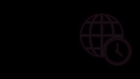 Glowing neon line World time icon isolated on black background. Clock and globe. 4K Video motion graphic animation.