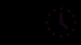 Glowing neon line Clock icon isolated on black background. Time symbol. 4K Video motion graphic animation.
