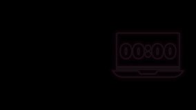 Glowing neon line Clock on laptop screen icon isolated on black background. Schedule concepts. 4K Video motion graphic animation.