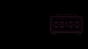 Glowing neon line Digital alarm clock icon isolated on black background. Electronic watch alarm clock. Time icon. 4K Video motion graphic animation.