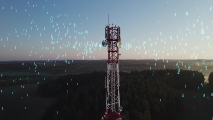Cell tower transmits the signal, spreading the data and signal in all directions. Visualization of radio waves emits by a radio antenna. Concept of wireless communication, data transmission, 5G.  Royalty-Free Stock Footage #1096225127