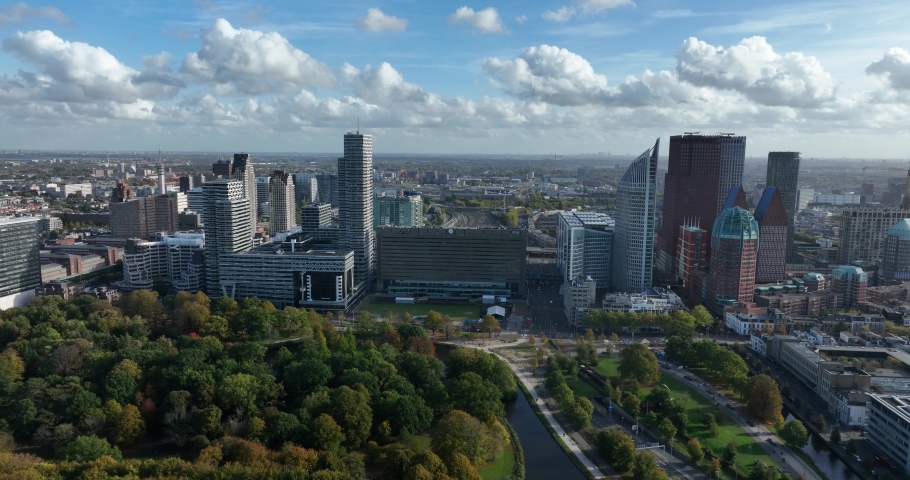 The Hague urban skyline of the center in The Netherlands south Holland, houses dutch government embassier ministires and supreme court and royal family. Aerial drone view.