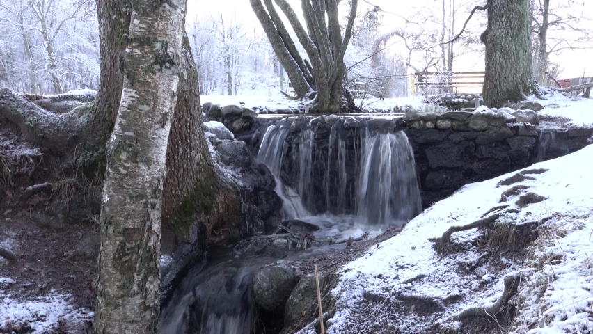 Small scale waterfall in Sweden. Winter with snow.