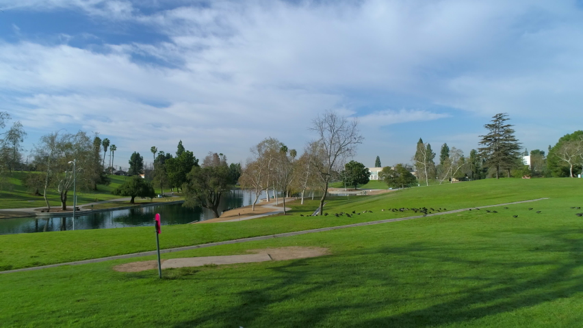 Birds Grazing On Park Green Landscape By Lake Under Cloudy Sky - Los Angeles, California