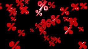 Red percent symbols fall down isolated on black background, looped 3d render. Concept of discounts, sales, seasonal promotions, black friday, singles day and shopping 1111. Sign percent fall.