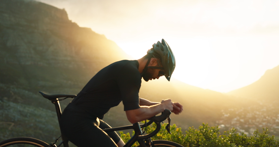 Tired, headache and mountain bicycle man in nature outdoor adventure, fitness challenge or training for marathon. Tired, fatigue or sad cyclist in bike gear in sun for travel fail, pain or problem Royalty-Free Stock Footage #1096238121