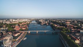 Establishing Aerial View Shot of Toulouse Fr, Haute-Garonne, France, wide view, river and city