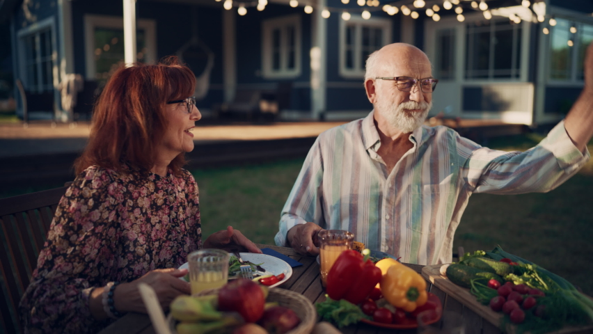Grandfather Proud of His Grandson Achievements, Cheering Him Up at a Family Outdoors Dinner Table with Friends and Relatives. Group of Diverse Old and Young People Communicating, Eating Food. Royalty-Free Stock Footage #1096242655