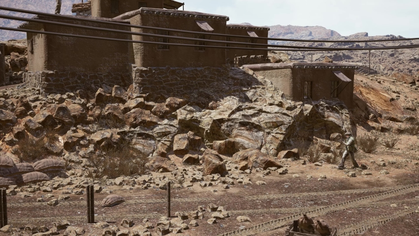 Armed Sentrie Walks in the Village Desert Environement 3D Rendering Animations CGI 4K