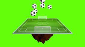 Group of black and white soccer balls bouncing on a floating soccer field rotating 360 degrees against chroma key background. 3D Animation