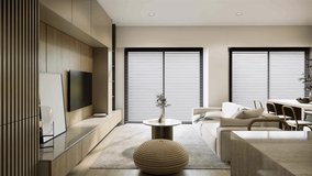 Modern minimal style mockup room interior design and decoration beige earth tone furniture and wall, fabric sofa wooden table top blinds windows. 4K video 3d rendering interior scene.