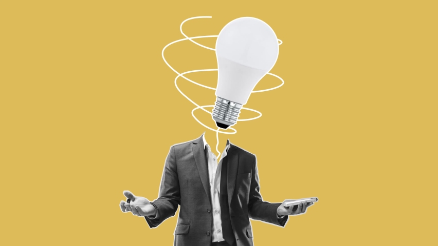 Generator of ideas. Business man in office style suit with electric bulb instead head. 2k stop motion animation, contemporary art collage. Inspiration, idea, trendy magazine style. Stay motivated Royalty-Free Stock Footage #1096253093
