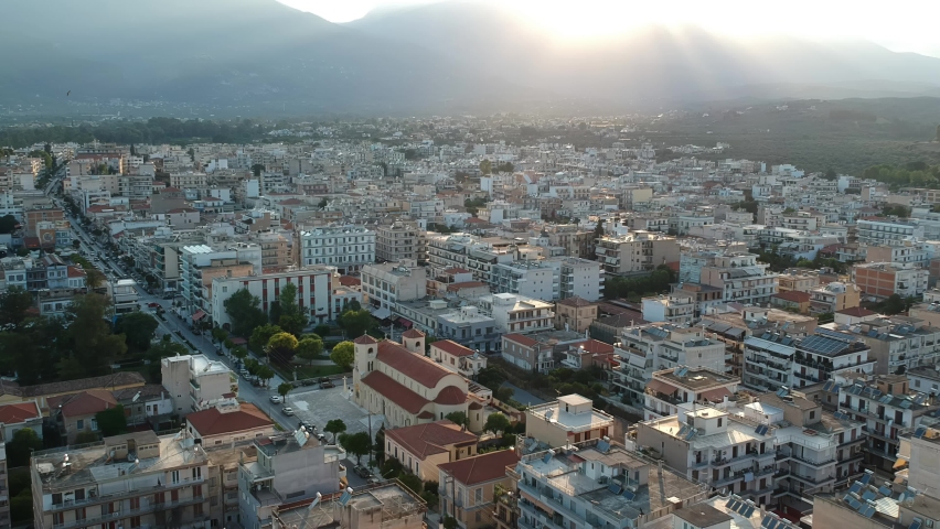 Aerial video of the modern city of Sparti Greece. Sparti was founded to commemorate the famous ancient town of Sparta in Laconia, Greece