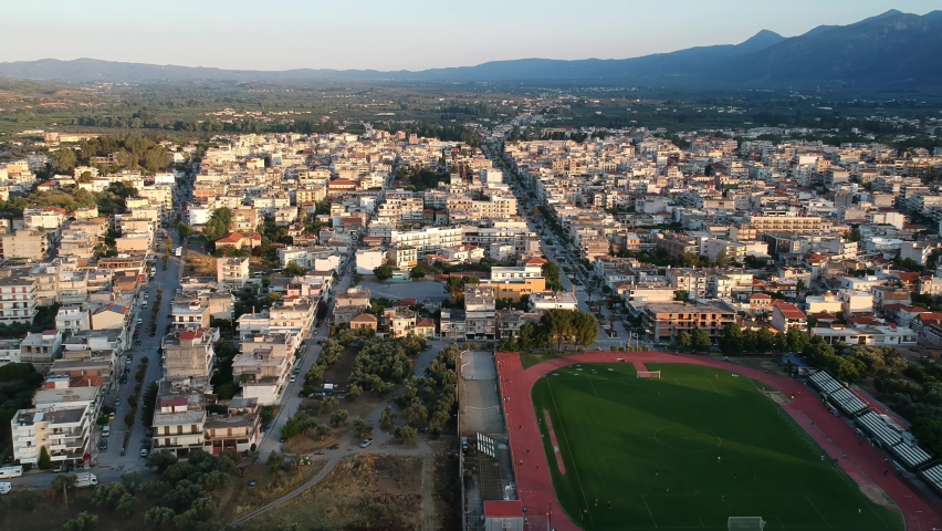 Aerial video of the modern city of Sparti Greece. Sparti was founded to commemorate the famous ancient town of Sparta in Laconia, Greece