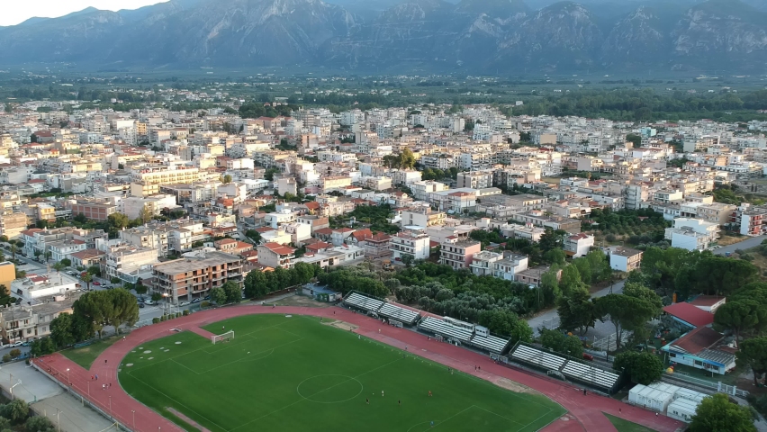 Aerial video of the modern city of Sparti Greece. Sparti was founded to commemorate the famous ancient town of Sparta in Laconia, Greece
