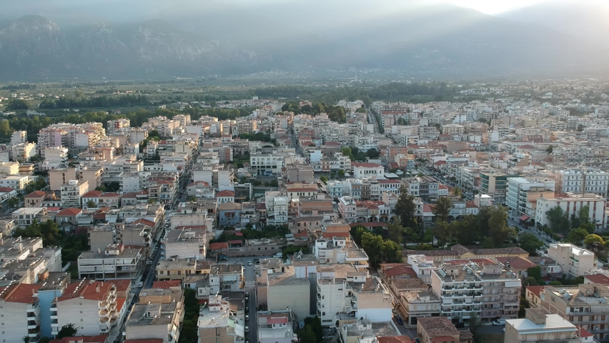 Aerial video of the modern city of Sparti Greece. Sparti was founded to commemorate the famous ancient town of Sparta in Laconia, Greece