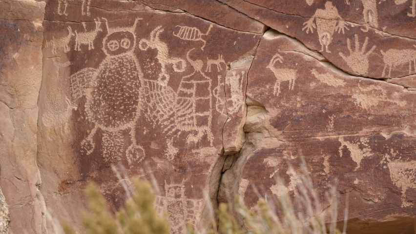 View of various Native American Petroglyphs with Bighorn Sheep and Owls in Nine Mile Canyon Utah.