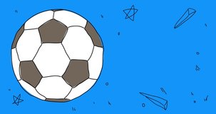 Football ball on blue, sport background. Abstract dancing line cartoon animation. 4k HD Format resolution video.