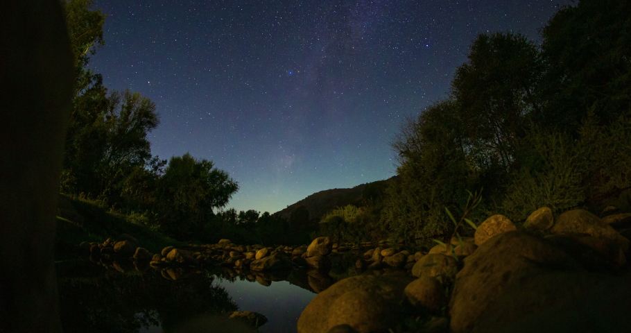 Night Sky Star Trails Over River Timelapse 4k