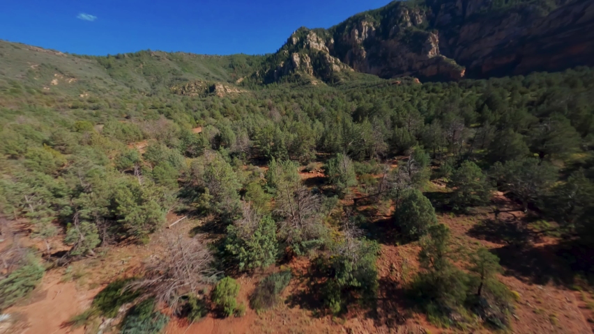 Cinematic picturesque drone shot of the natural landscape with rocky mountains and bushy foliage of Sedona, Arizona, USA 4K UHD