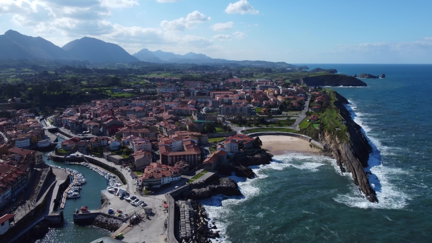 Aerial view of Llanes in Asturias, Spain. Cubos de la memoria in the foreground.