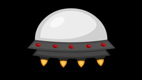 Animation of a cartoon ufo, with flames moving and lights flashing. On a transparent background