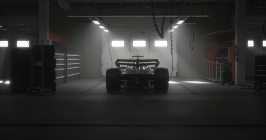 DOLLY IN Back view silhouette of a modern generic sports racing car standing in a dark garage on a pit lane, cinematic lighting. Realistic 3d rendering