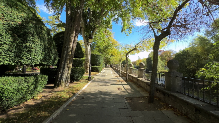 Pov walking in Burgos city park el Espolon, Castile and Leon, Spain. High quality 4k footage