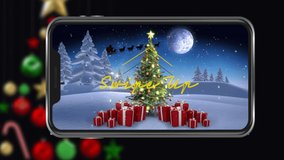 Animation of Santa Claus in sleigh pulled by reindeers, Christmas tree, gifts, snow falling, Swipe Up text on digital tablet. New Year and Christmas celebration concept digitally generated image. - Powered by Shutterstock - Get 15% off with code: PIKWIZARD15