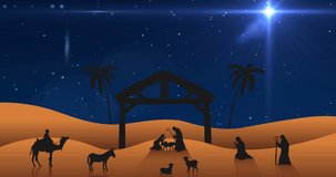 Animation of happy epiphany text over snow falling and nativity scene. epiphany, tradition and celebration concept digitally generated video.