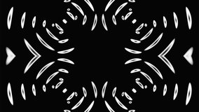 Black and white abstract ornament of animated circles, rays and lines. Pulsating light pattern. Looped background for superimposing on music. Mysterious patterns for meditation and dancing.