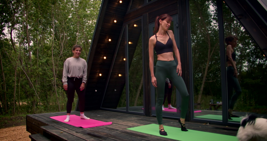 Women in sportswear doing workout burning fat calories training on terrace at home