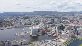 Inscription on video. Oslo, Norway. City center from the air. Embankment Oslo Fjord. Name is burning, Aerial View