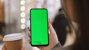 Mall. Shopping center. Department store. Back view of brunette holding chroma key green screen smartphone watching content. Shopping online. Gadgets and contemporary people concept. 4K