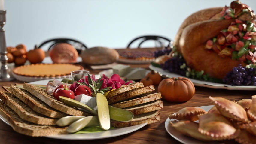 Thanksgiving Dinner Table Invitation.Close up shot of thanksgiving dinner table served with meals. holiday party table during thanksgiving or christmas - food and drink.  Royalty-Free Stock Footage #1096292053