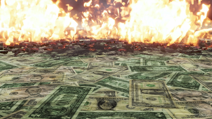 Abstract financial background with pile of scattered american usa dollar bills burning in fire. Lose money, economic and finance crisis recession concept loopable 3D animation rendered in 4K Royalty-Free Stock Footage #1096292255