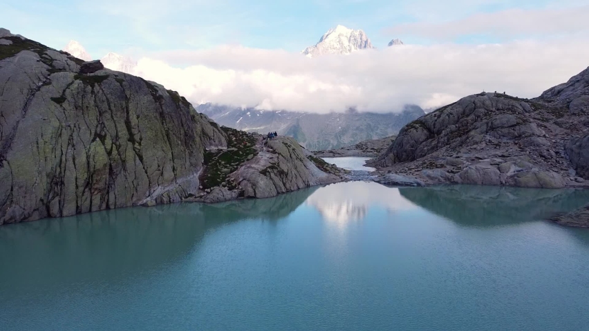 Lac Blanc or white lake aerial drone view. One of the most popular destination for hikers in Chamonix