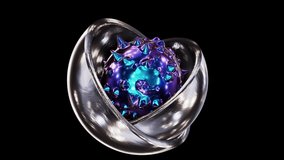 Realistic looping 3D animation of the abstract morphing liquid iridescent pearly metal spiky sphere inside of two textured silver metal hemispheres rendered in UHD with alpha matte - Powered by Shutterstock - Get 15% off with code: PIKWIZARD15