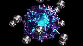 Realistic looping 3D animation of the abstract morphing liquid iridescent pearly metal spiky sphere with orbiting silver metal satellites rendered in UHD with alpha matte - Powered by Shutterstock - Get 15% off with code: PIKWIZARD15