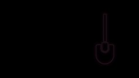 Glowing neon line Shovel icon isolated on black background. Gardening tool. Tool for horticulture, agriculture, farming. 4K Video motion graphic animation.