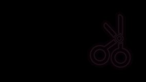 Glowing neon line Medical scissors icon isolated on black background. 4K Video motion graphic animation.