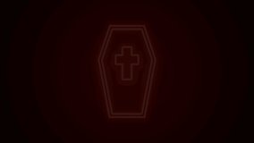Glowing neon line Coffin with christian cross icon isolated on black background. Happy Halloween party. 4K Video motion graphic animation.